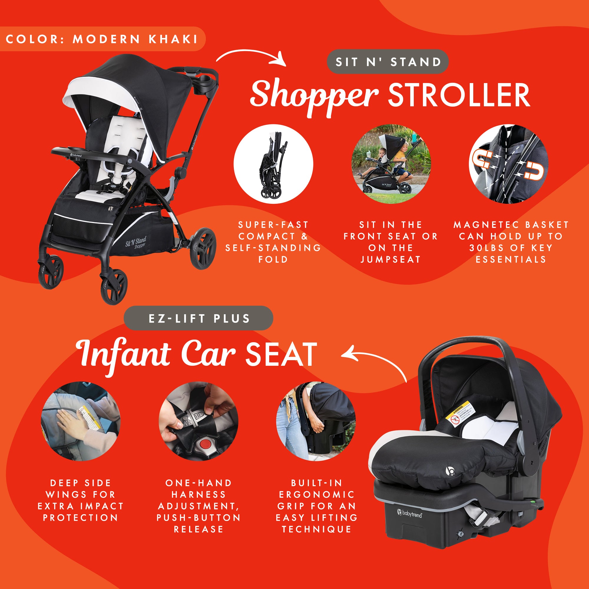 Baby Trend Sit N' Stand Stroller & EZ-Lift Plus Infant Car Seat, Modern Khaki - VMInnovations