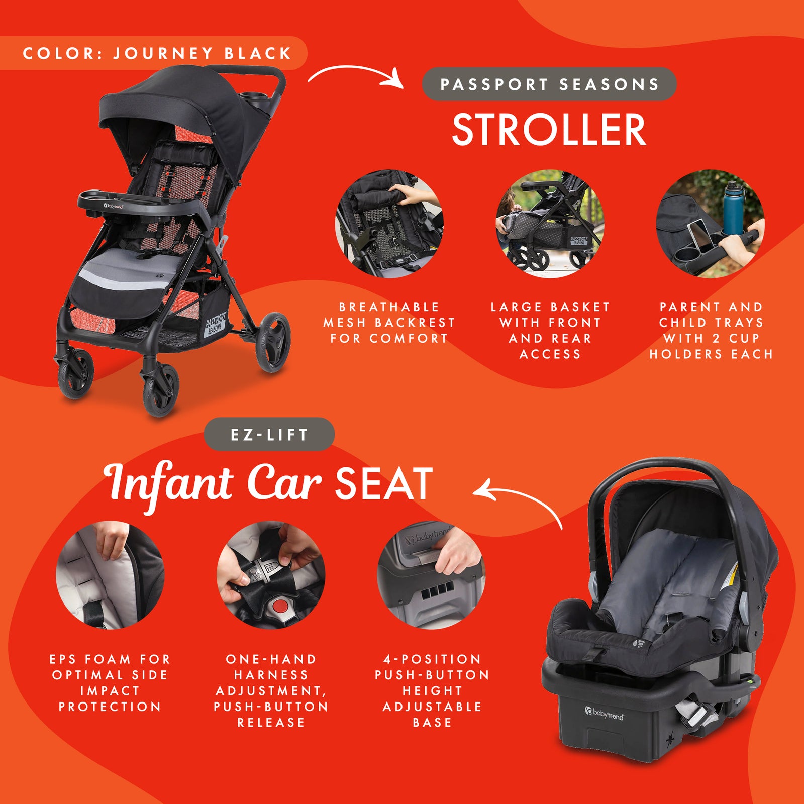 Baby Trend Passport Seasons Travel Stroller with EZ-Lift Infant Car Seat, Black - VMInnovations
