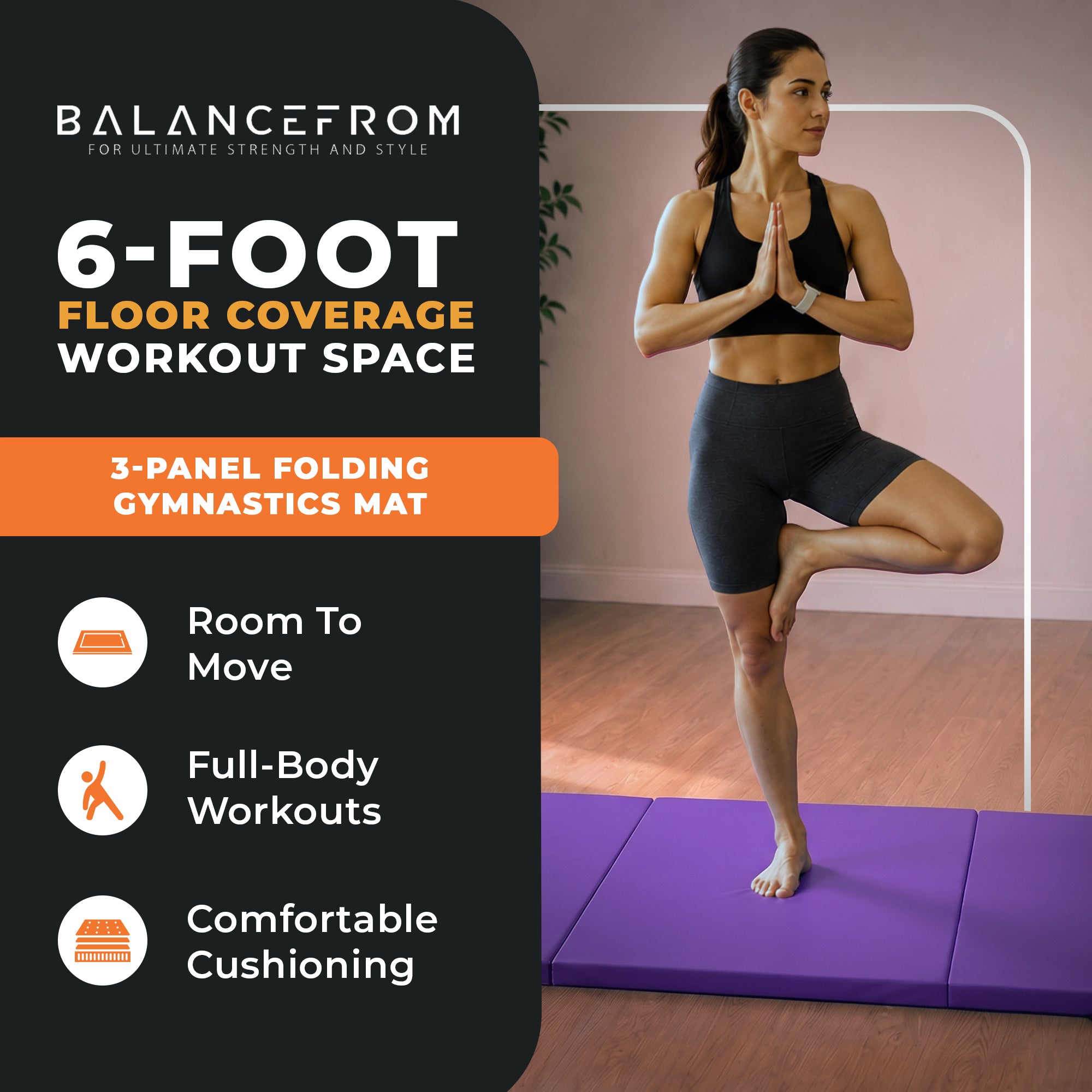 BalanceFrom Fitness GoGym 6'x2'x1.5" Folding 3 Panel Exercise Gym Mat, Purple