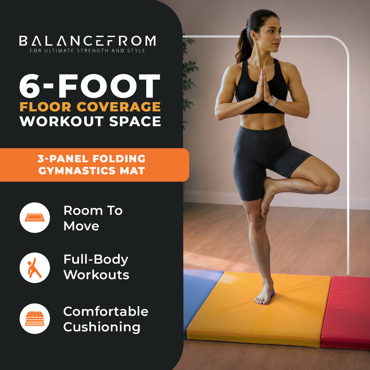 BalanceFrom Fitness GoGym 6x2ft Folding 3 Panel Exercise Mat w/Handles, Multi