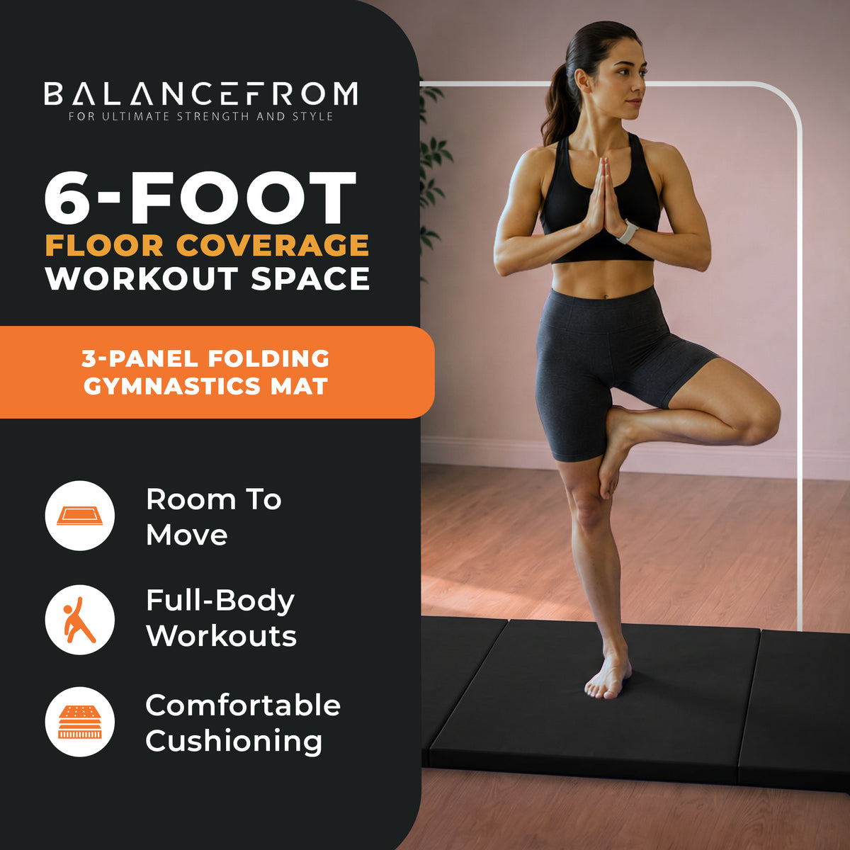 BalanceFrom Fitness GoGym 6x2ft Folding 3 Panel Exercise Mat, Black (2 Pack) - VMInnovations