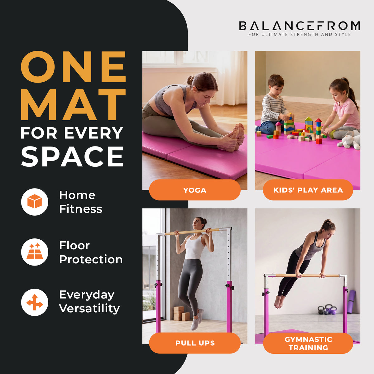 BalanceFrom Fitness 120 x 48 Inch Exercise Mat & Adjustable Gymnastics Bar, Pink