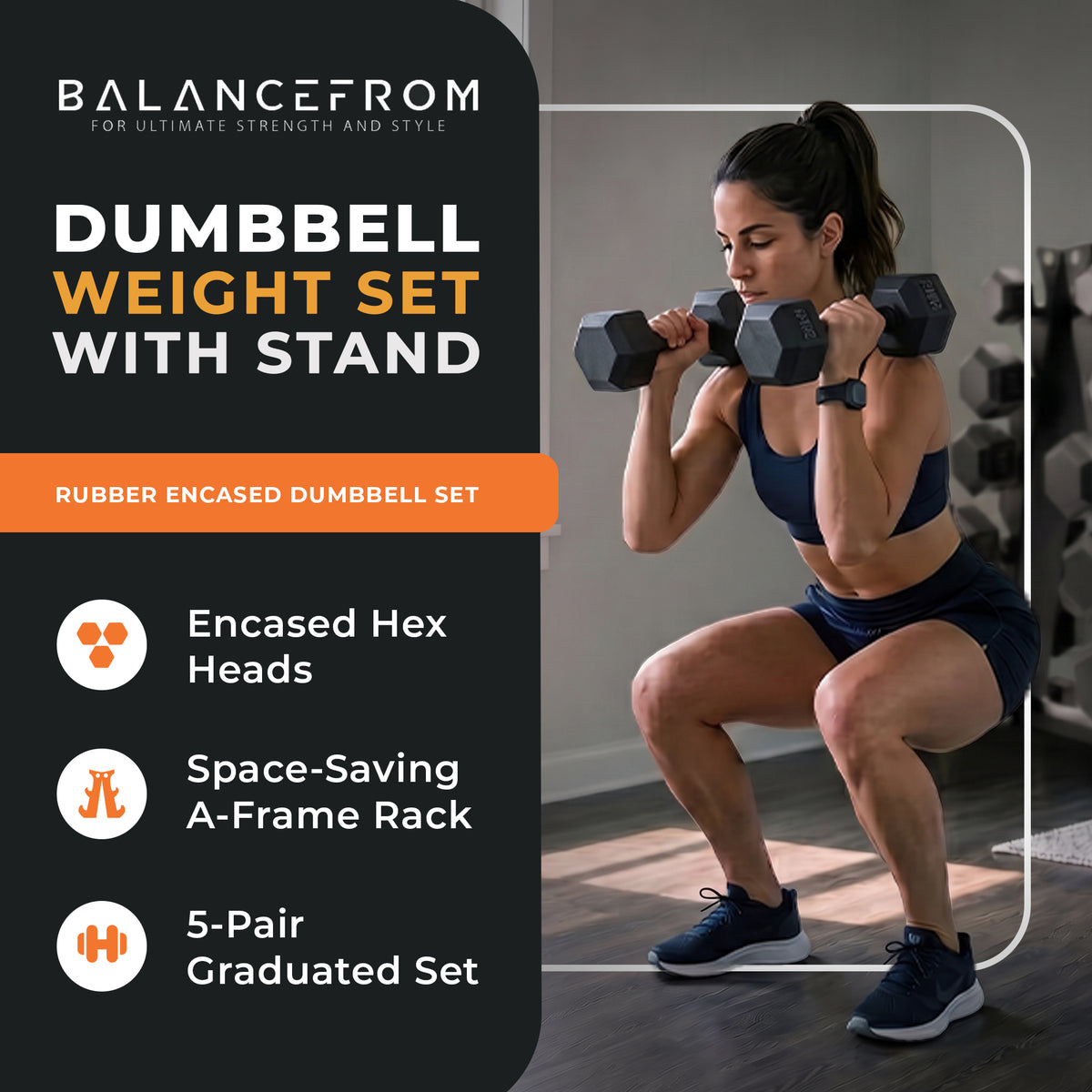 BalanceFrom Dumbbell Set with Stand, Rubber Encased Home Gym Hand Weights, 150lb