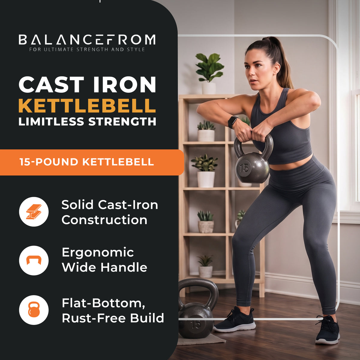 BalanceFrom 15LB Cast Iron Kettlebell for Home Gym Strength Training Exercise