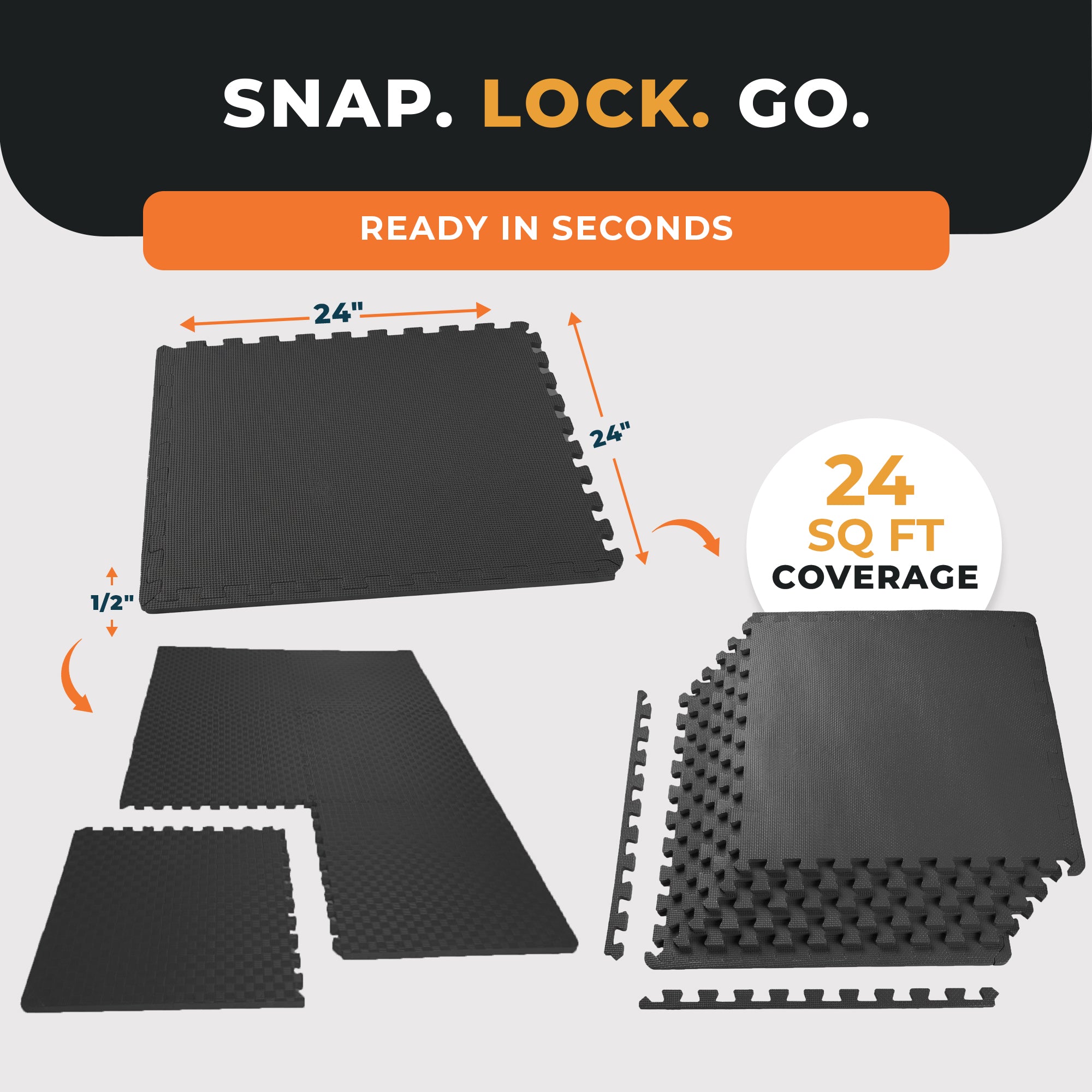 BalanceFrom Puzzle Exercise Mat 1/2" Thick, EVA Interlocking Foam Floor Tiles for Home Gym, Mat for Home Workout Equipment, Floor Padding for Kids, Black, 24 in x 24 in x 1/2 in, 24 Sq Ft - 6 Tiles