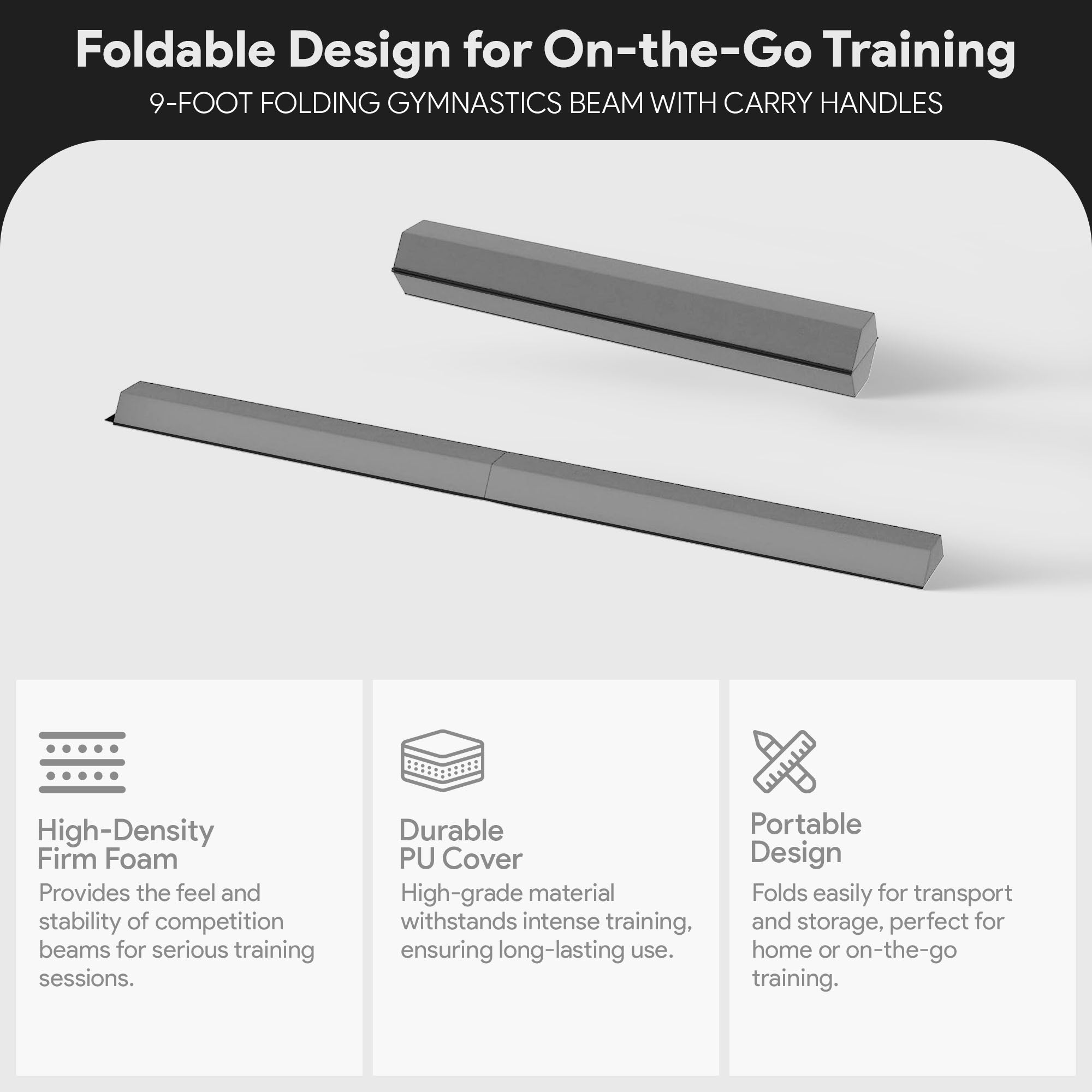 BalanceFrom 9ft Folding Balance Gymnastics Floor Beam w/Handles, Gray (Open Box) - VMInnovations