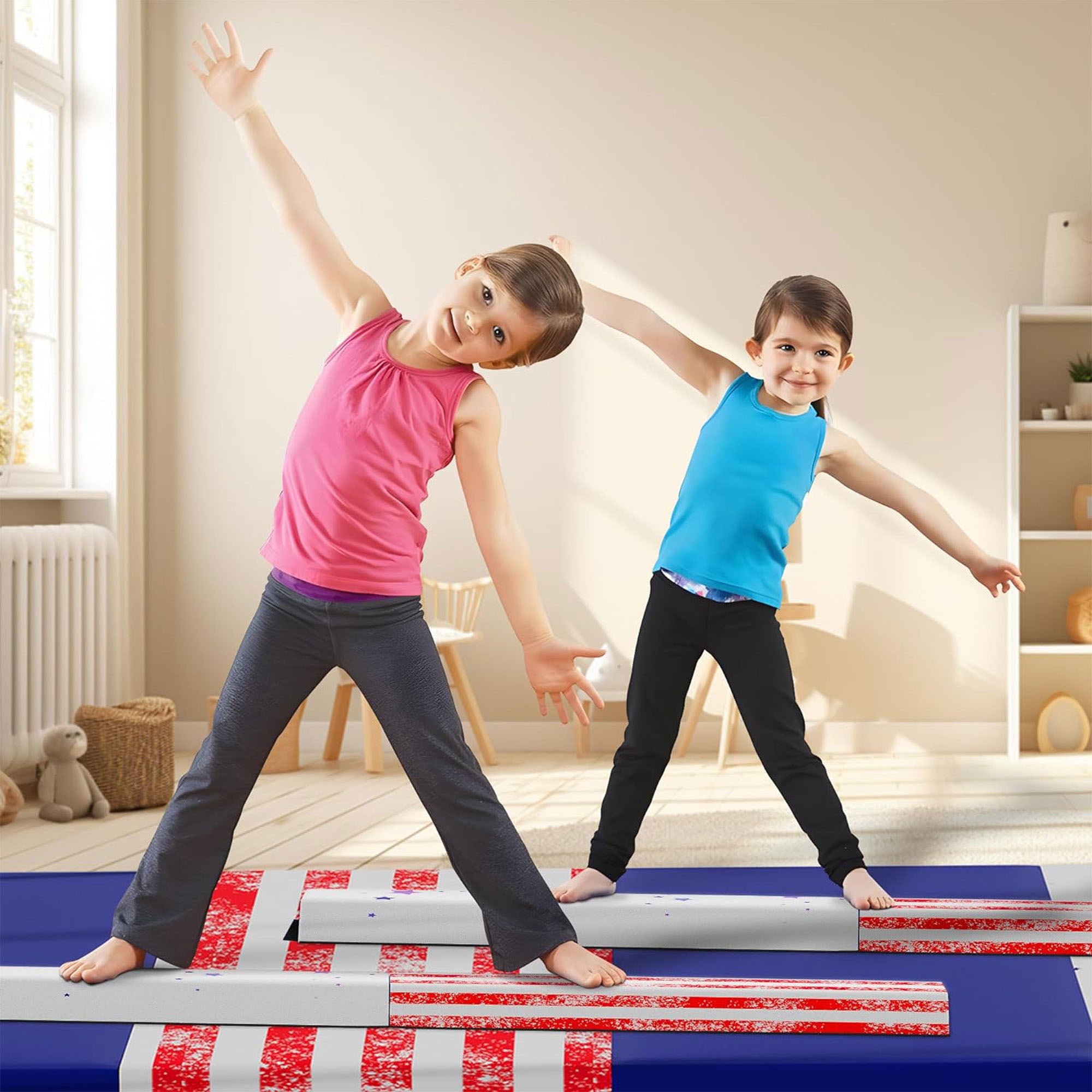 BalanceFrom 8 Ft Balance Gymnastics Floor Beam w/Handles, Star Stripe (Open Box) - VMInnovations