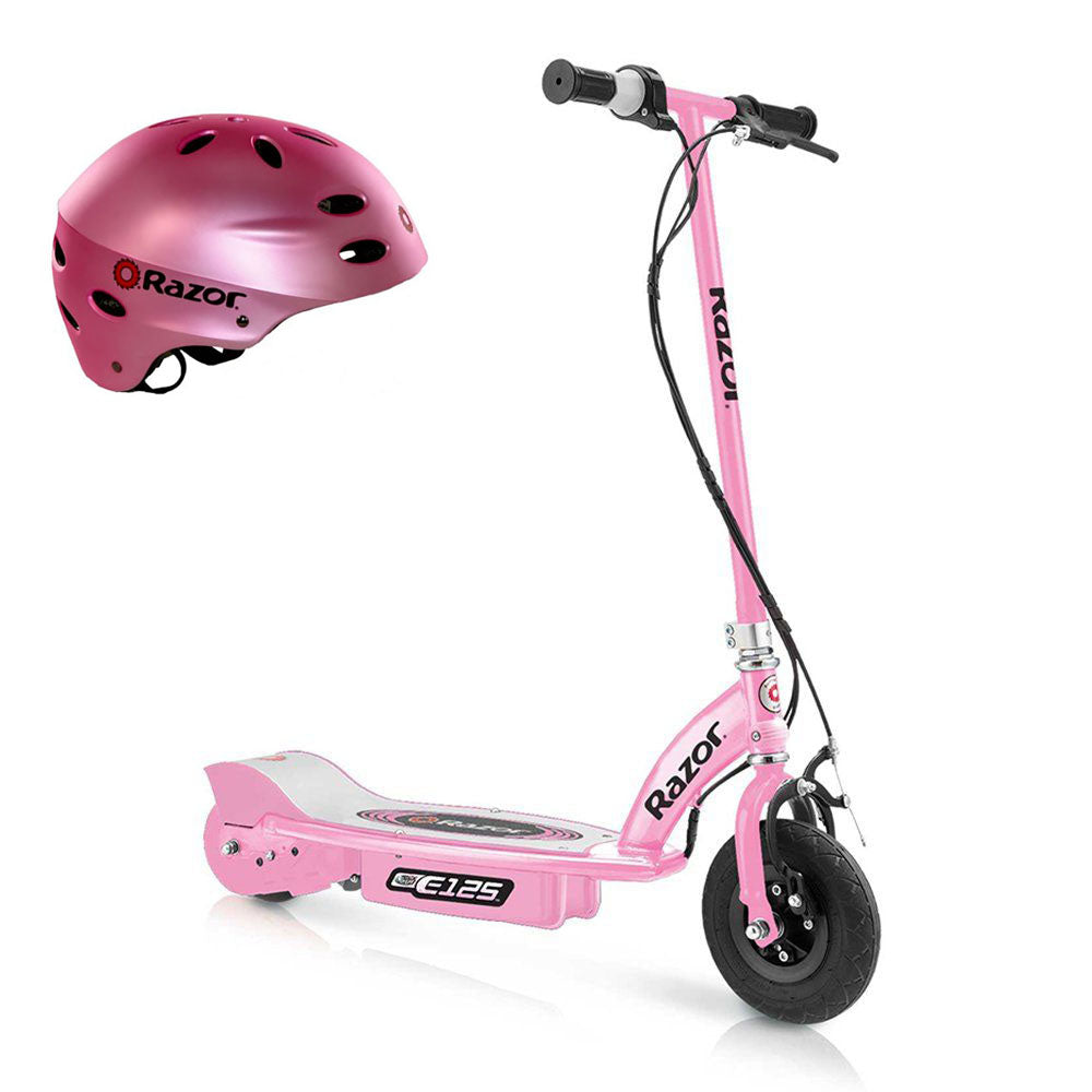 Razor E125 Girls Pink Electric Scooter and Razor V17 Youth Helmet, Satin Pink