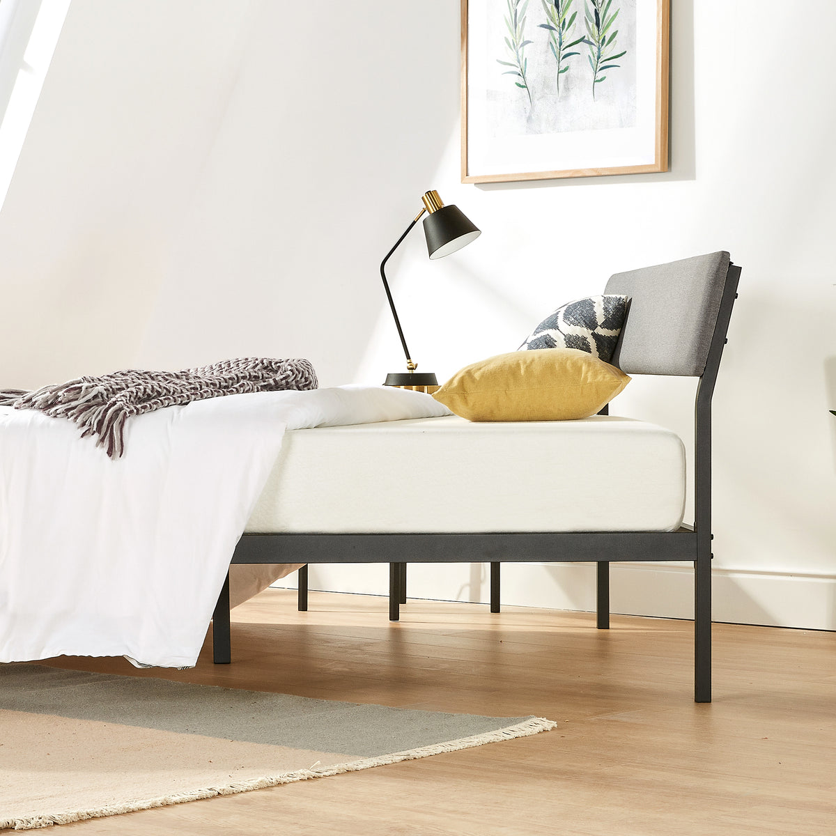 Mellow KERA Metal & Wood Platform Bed Frame w Angled Headboard, (Open Box)
