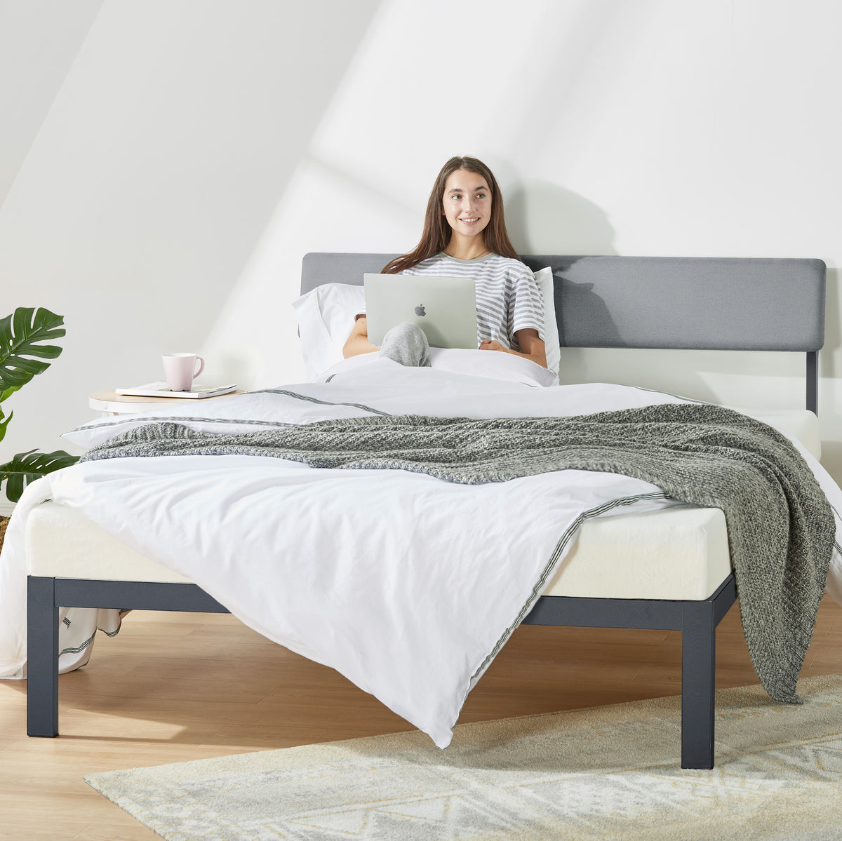 Mellow KERA Metal & Wood Platform Bed Frame w Angled Headboard, (Open Box)