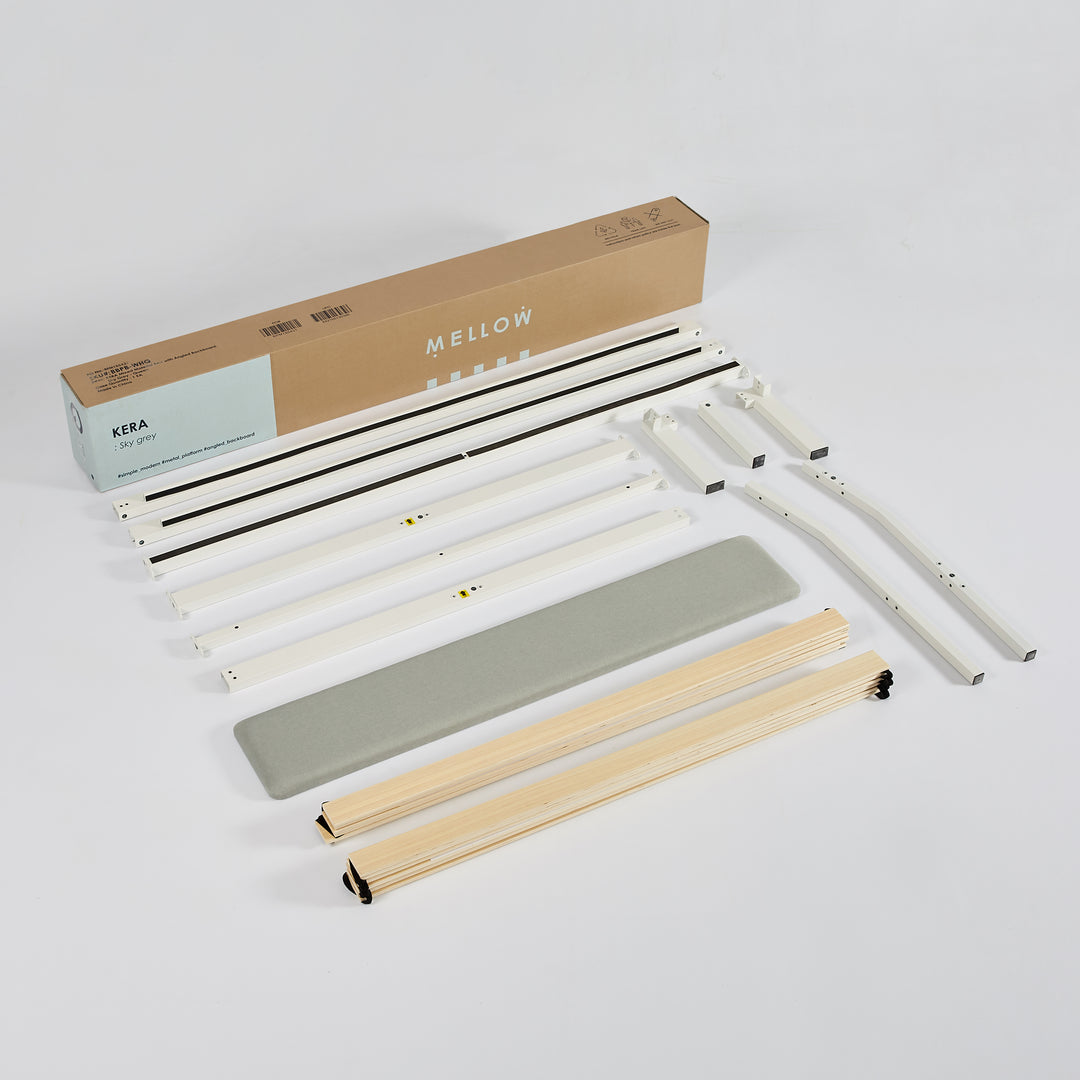 Mellow KERA Metal and Wood Platform Bed Frame with Angled Headboard, Full, White - VMInnovations