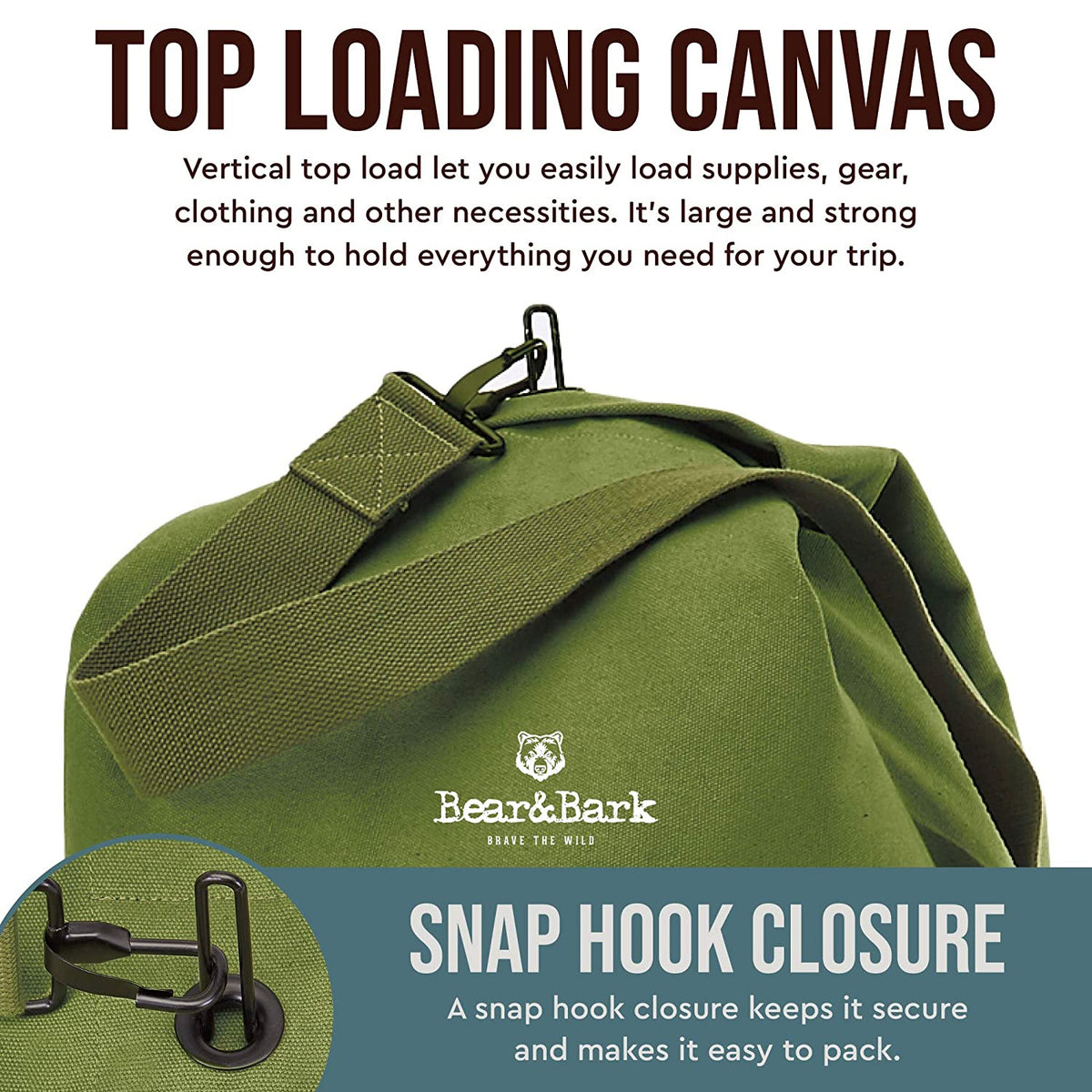 Bear&Bark Military Style Top Load Duffel Bag, 56 x 32 Inch, Green (Open Box)