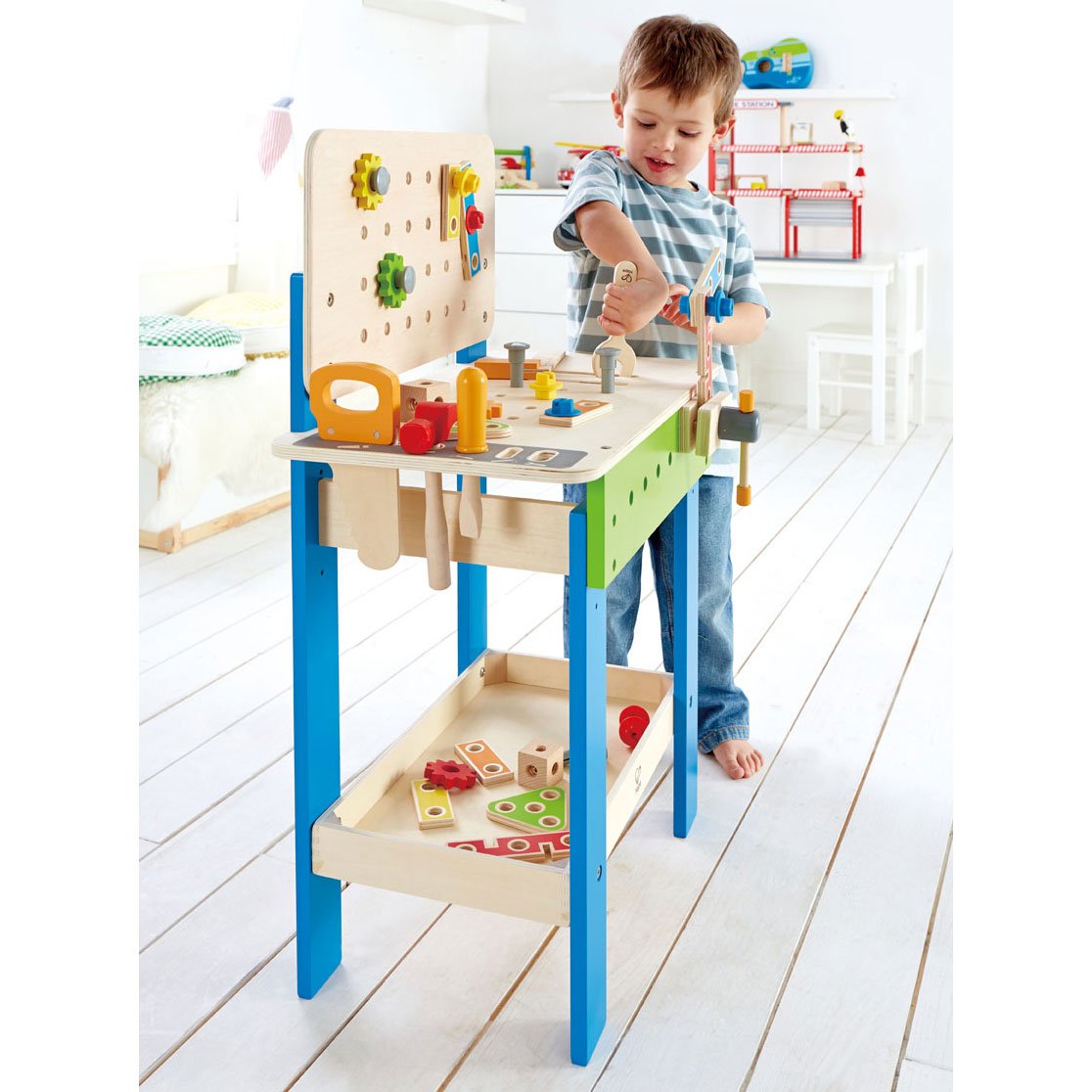 Hape Wooden Child Master Workbench Toy Builder Set Bundle with Fix It Tool Box