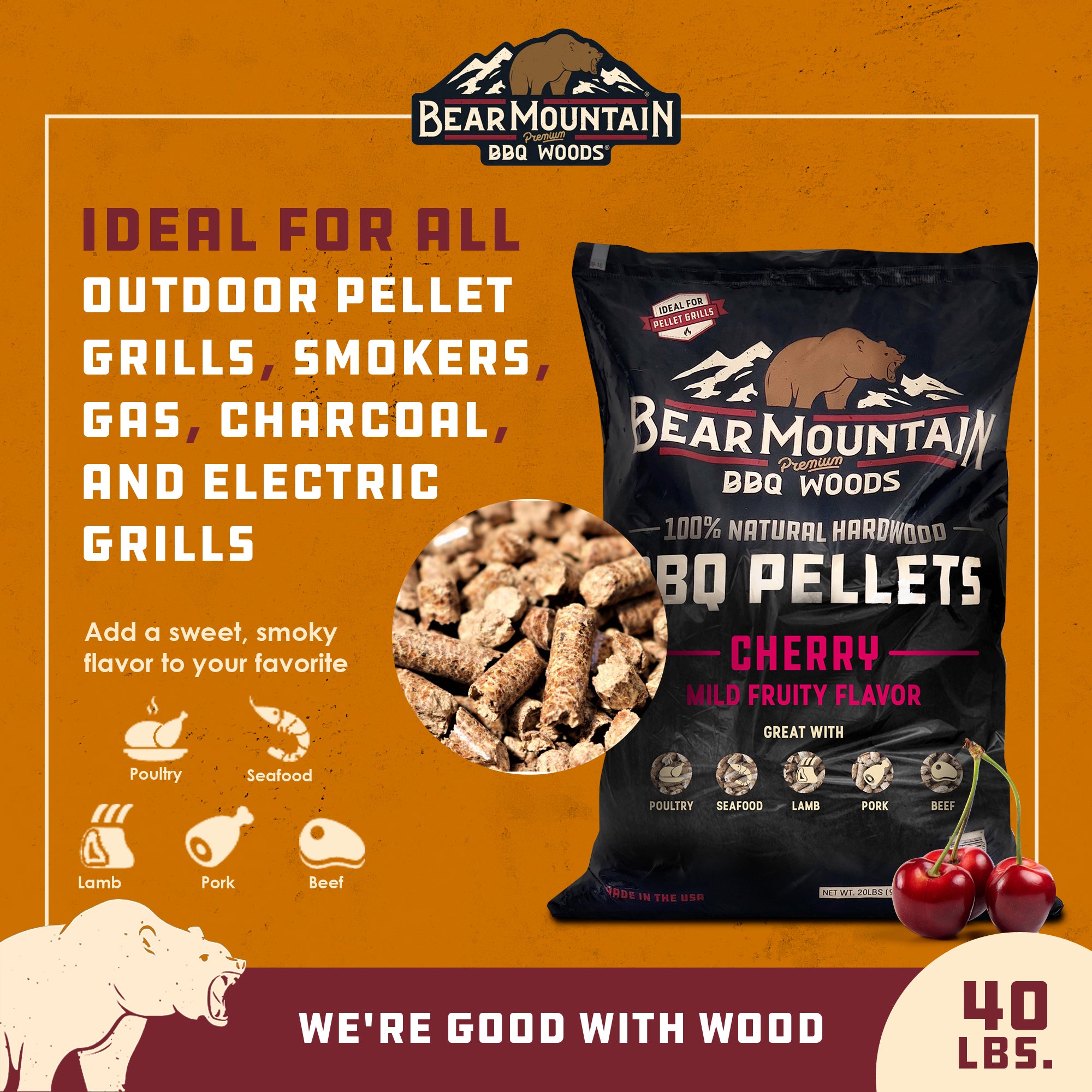 Bear Mountain BBQ Premium All Natural Hardwood Cherry Smoker Pellets, (Open Box)