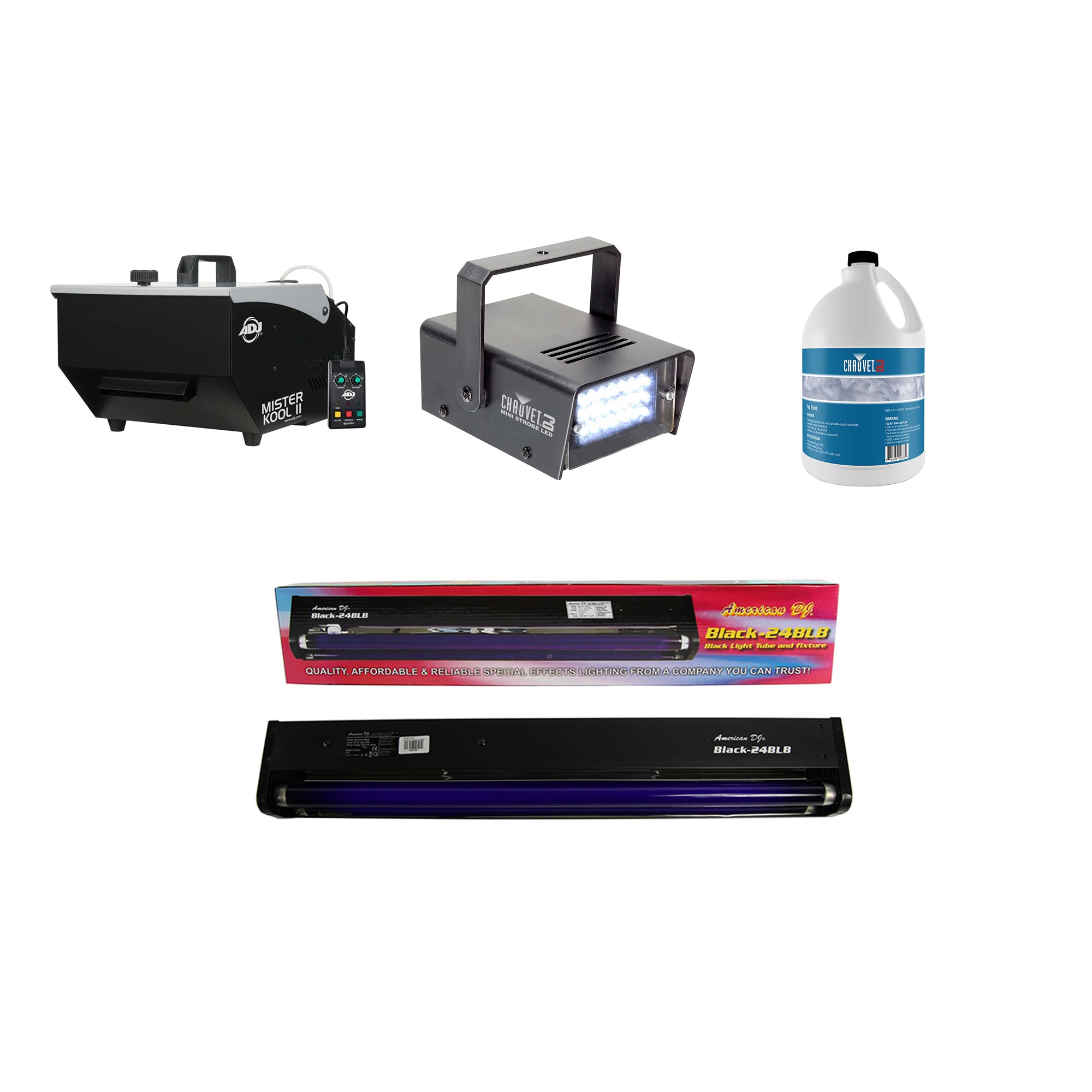 American DJ Fog Machine + Fog Smoke Juice + Mini Strobe Light + Black Light Tube