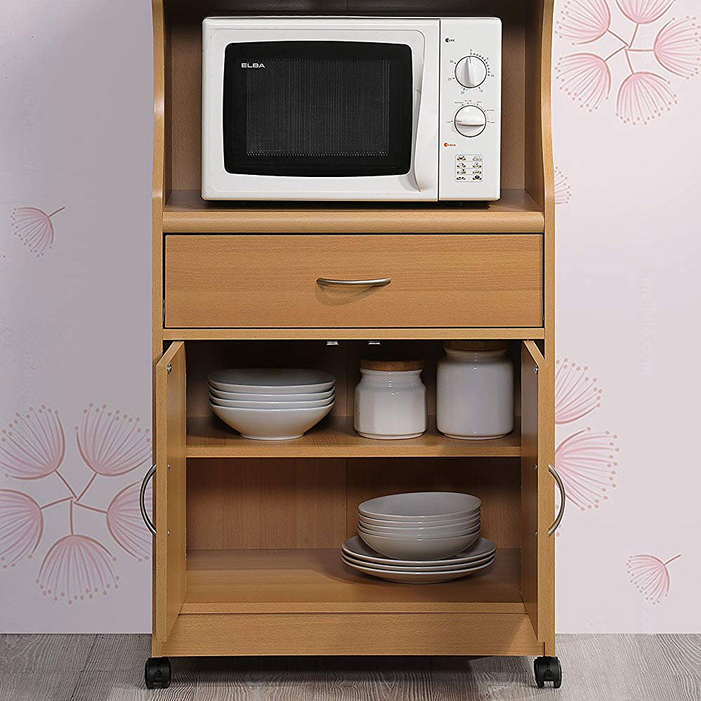 Hodedah Wheeled Microwave Island Cart with Drawer and Cabinet Storage, Beech