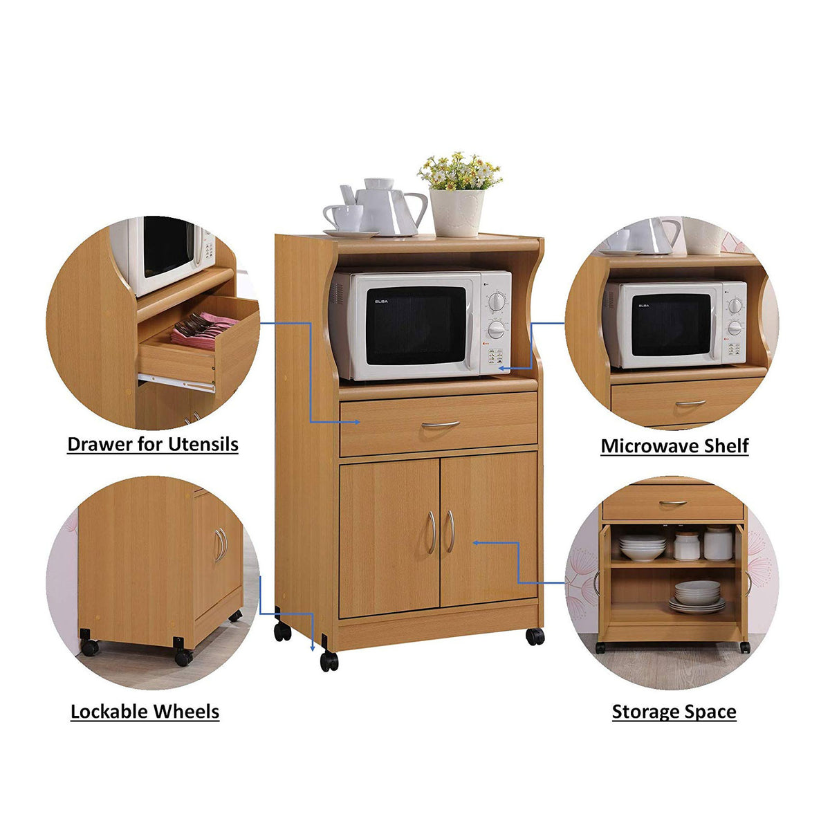 Hodedah Wheeled Microwave Island Cart with Drawer and Cabinet Storage, Beech