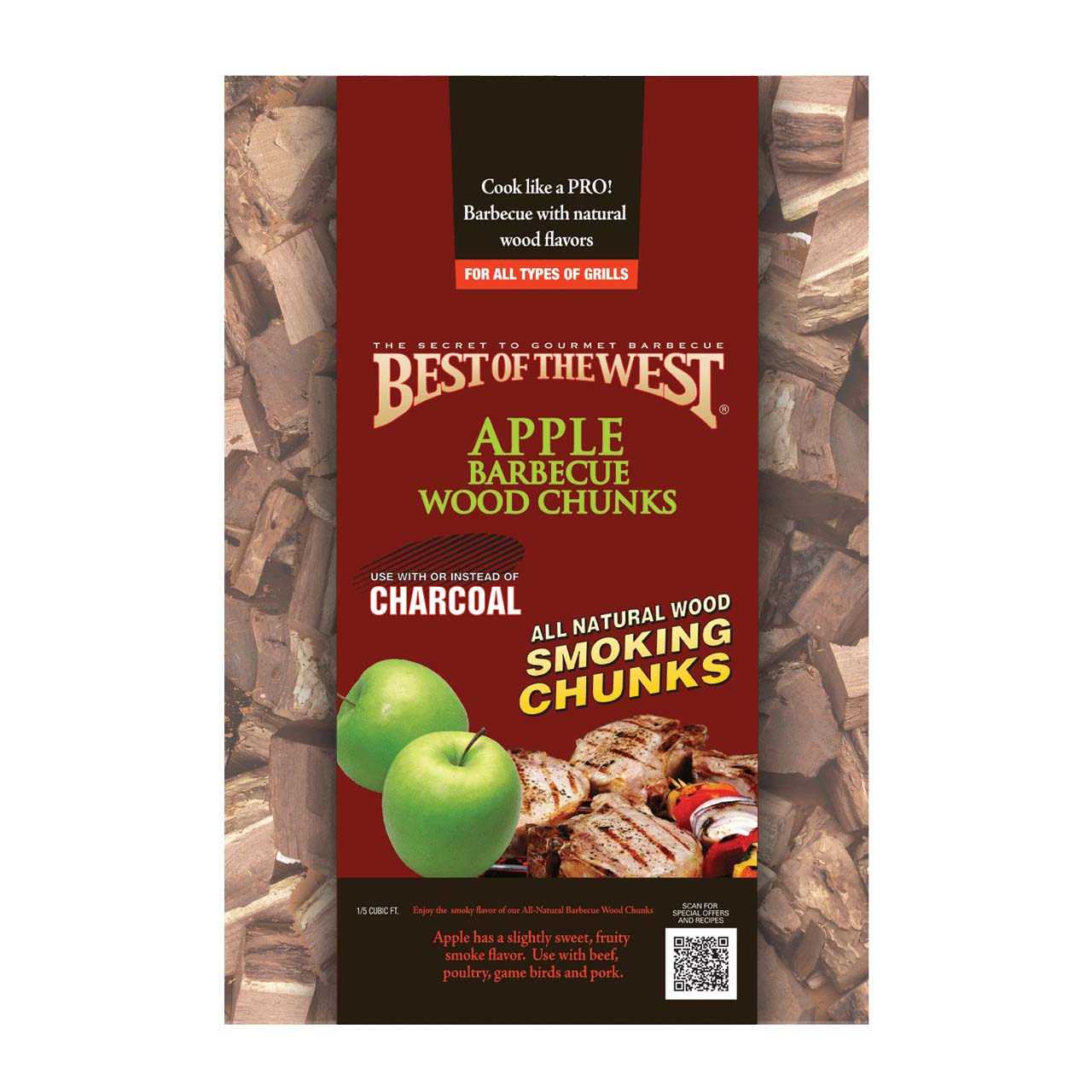 Best of the West 1/5 Cu. Ft. Bag of Natural Smoking Wood Chunks, Apple (4 Pack)