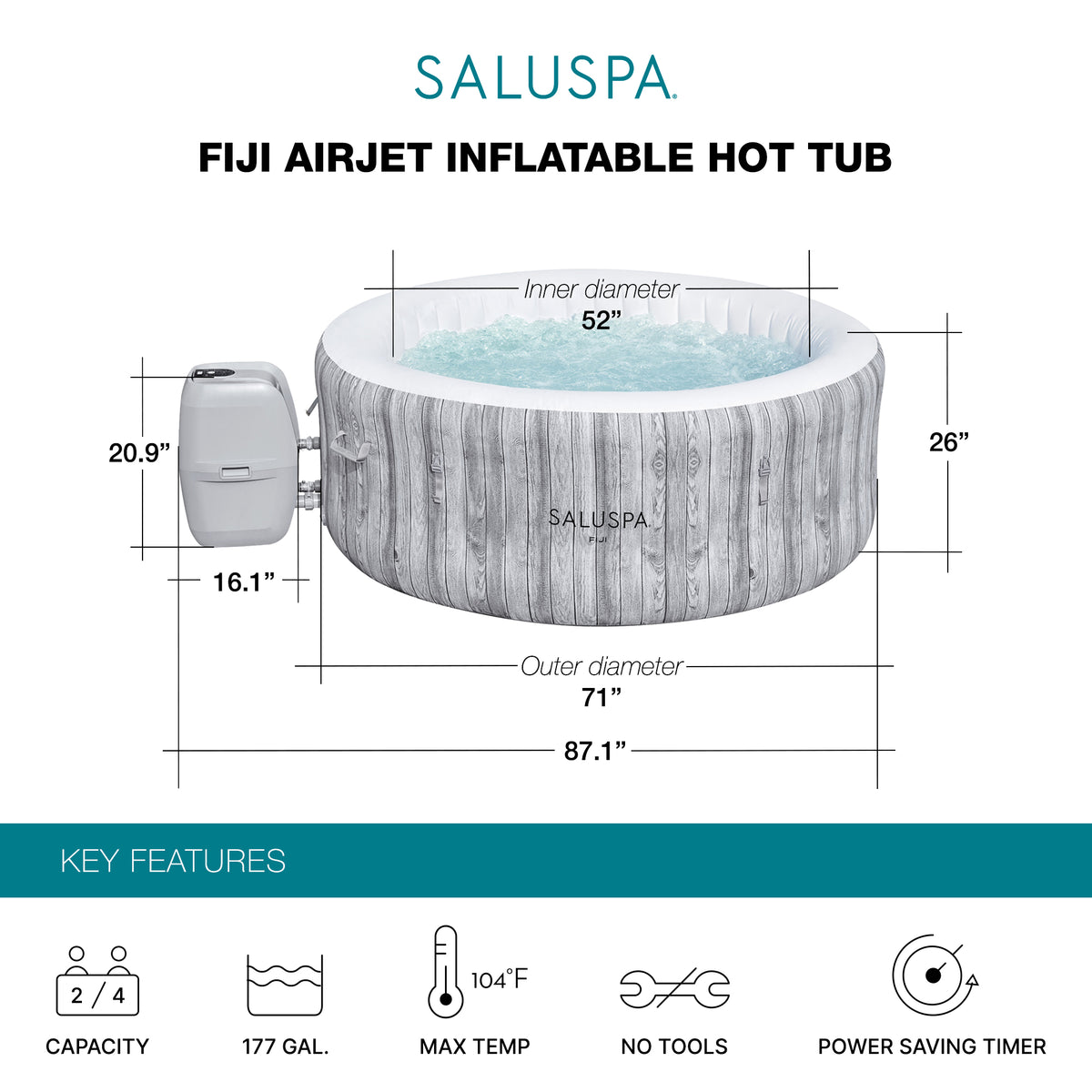 Bestway SaluSpa Fiji Hot Tub w/Set of 4 Spa Seat & 4 Pack Headrest Pillows, Gray
