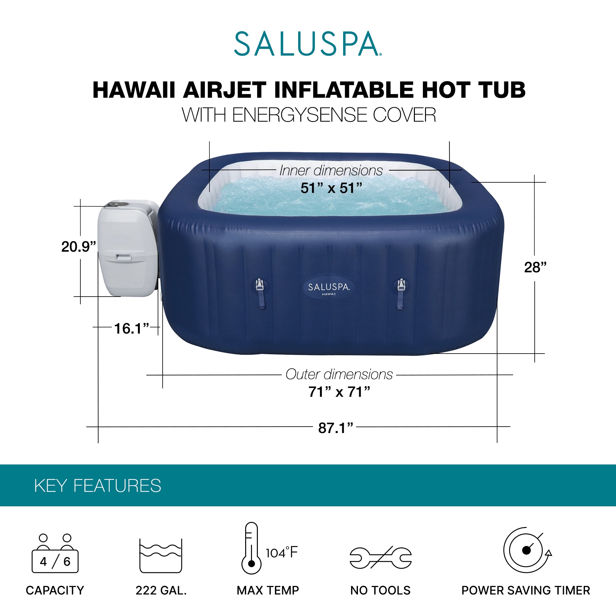 Bestway Hawaii Inflatable Hot Tub with 6 SaluSpa Spa Seat and 2 Headrest Pillows