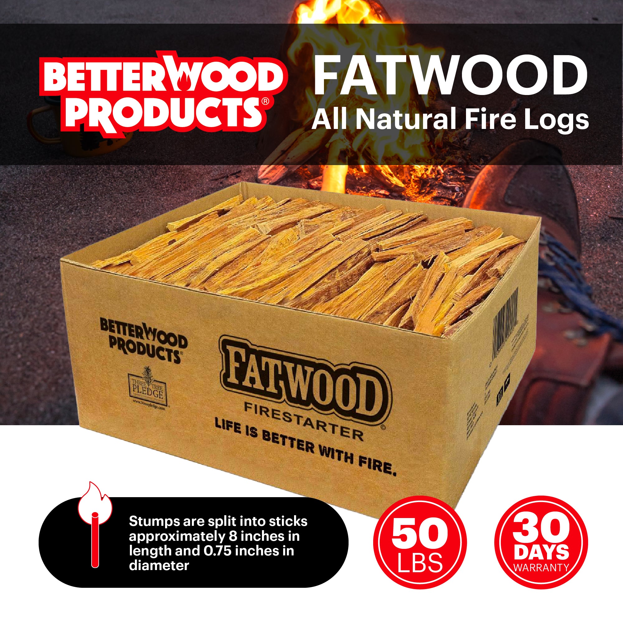 Betterwood Products Natural Pine Hand Split Fatwood 50 Pound (3 Pack)