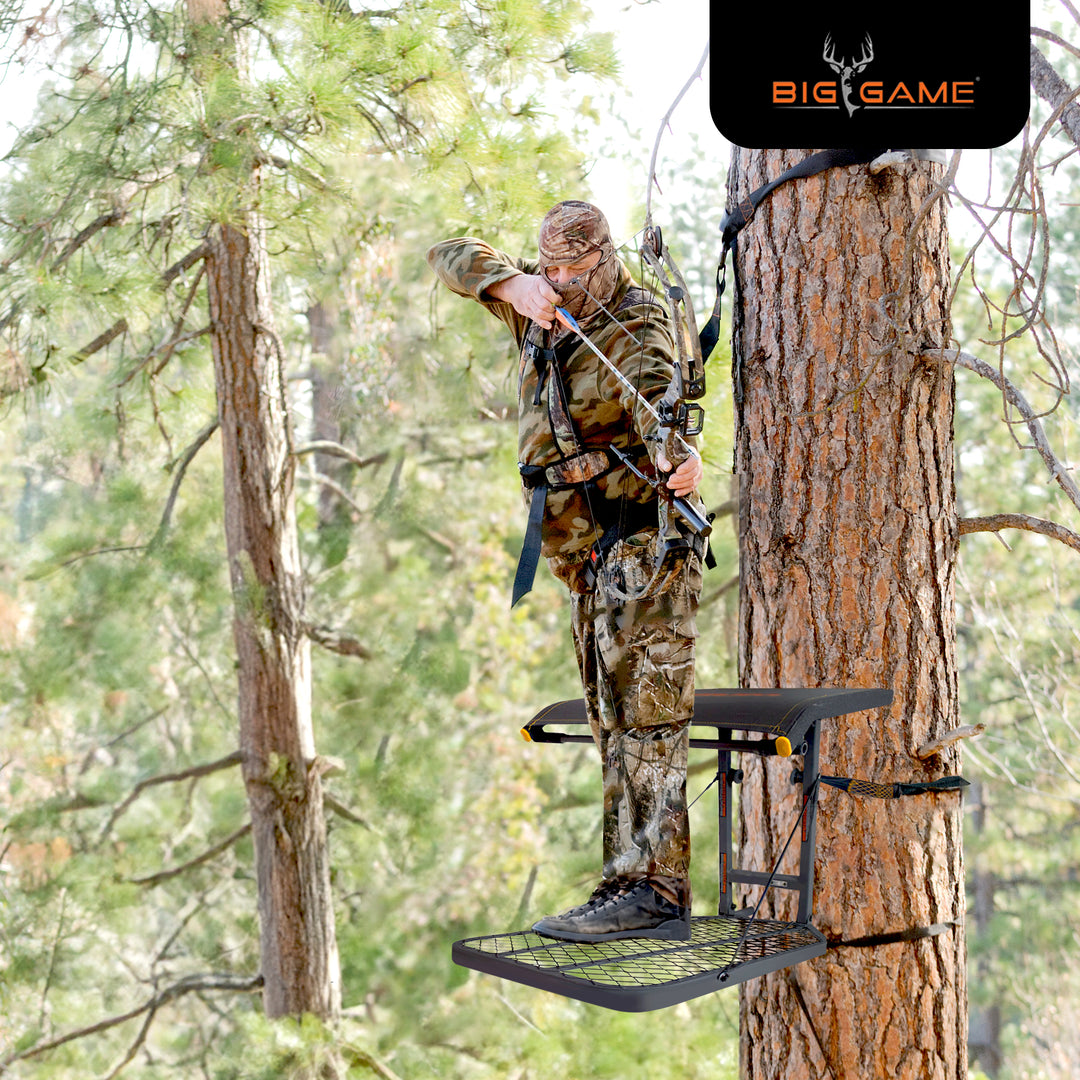 Big Game Captain Steel Hang-On Treestand with 14" x 12" Flip-Back Seat, Black