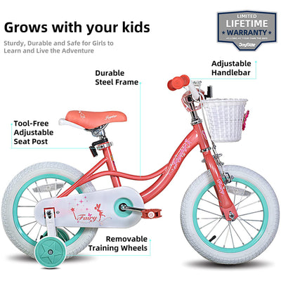 Joystar Fairy 12" Kids Bike w/ Training Wheels Ages 2 to 4, Coral Pink and Blue