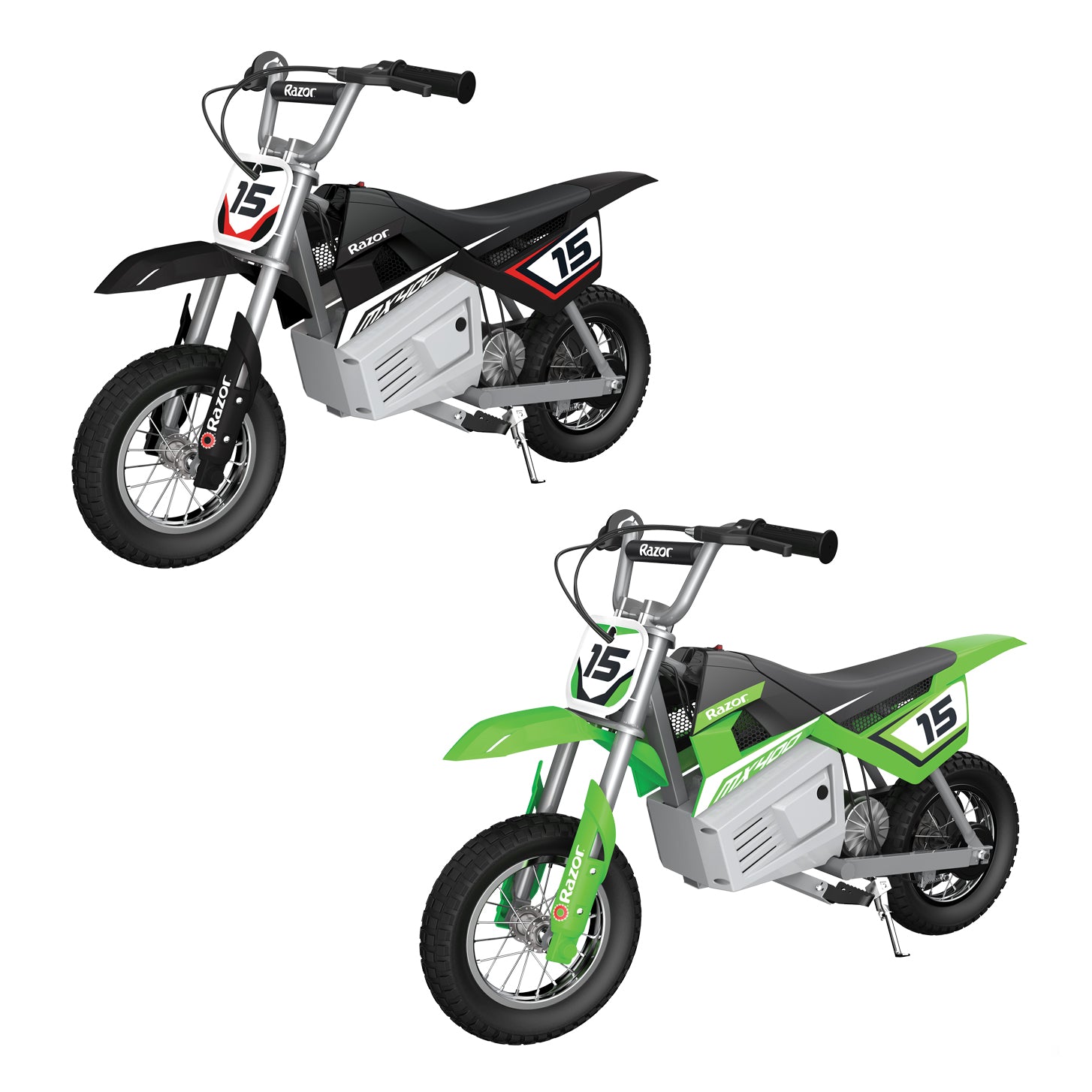 Razor MX400 Dirt Rocket 24V Electric Motorcycle Dirt Bikes, 1 Black & 1 Green - VMInnovations
