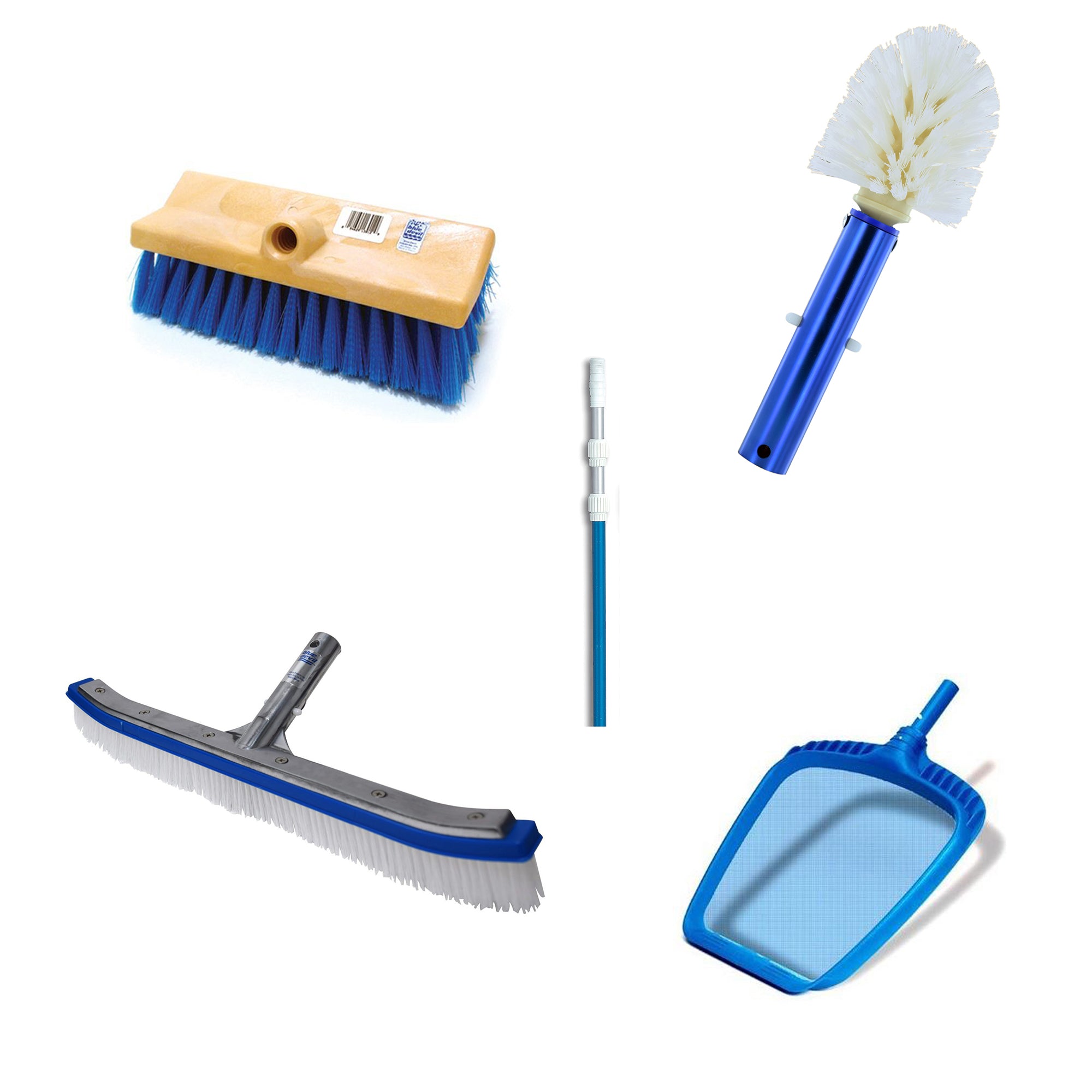 Blue Devil 18 Inch Brush, 360 Brush, Deck N Acid Brush and Swimline Pole and Net