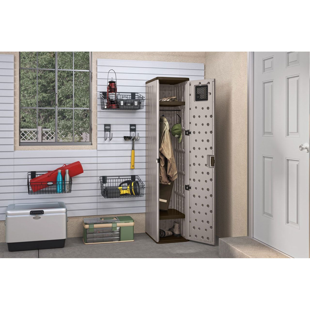 Suncast Tall Easy Assembly Garage Cabinet Storage Locker with Vent (Open Box)