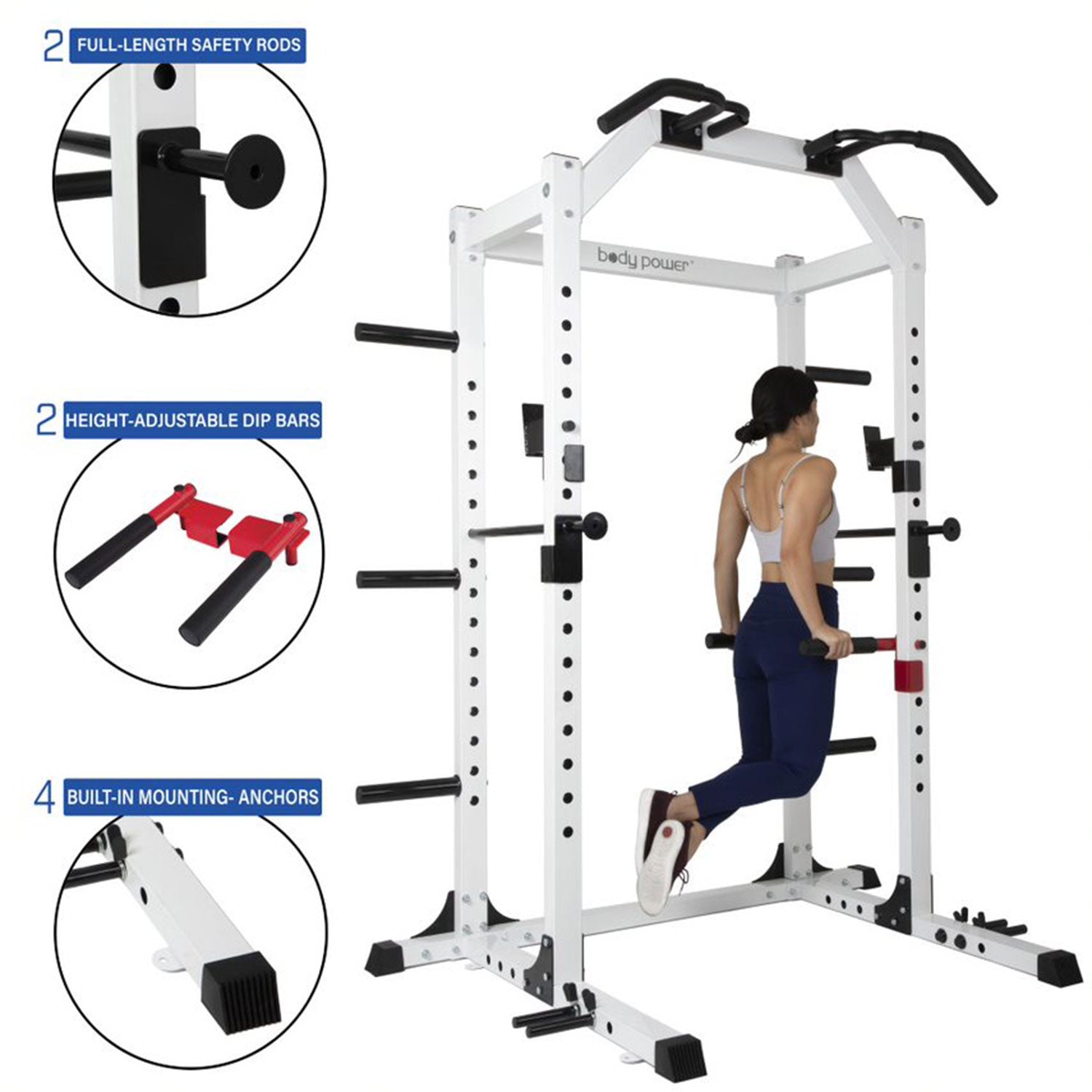 Body Power SMU6200 Weightlifting Deluxe Home Power Rack Cage System, White - VMInnovations
