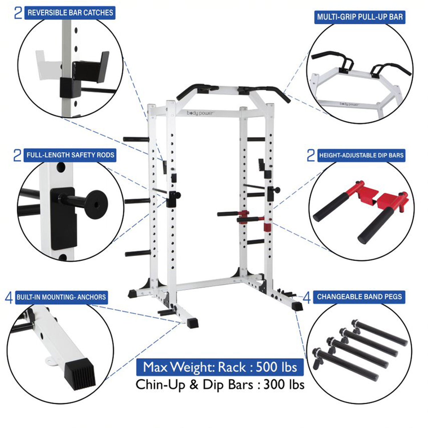 Body Power SMU6200 Weightlifting Deluxe Home Power Rack Cage System, White - VMInnovations