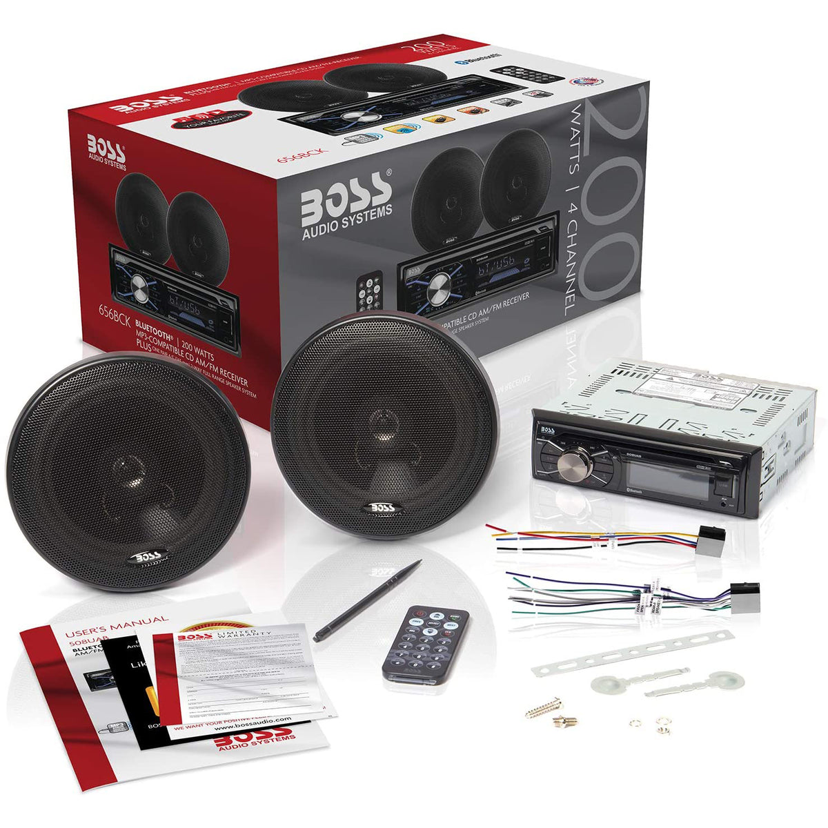 BOSS Audio Single DIN Bluetooth Stereo System w/Full Range Speaker Pair (2 Pack)