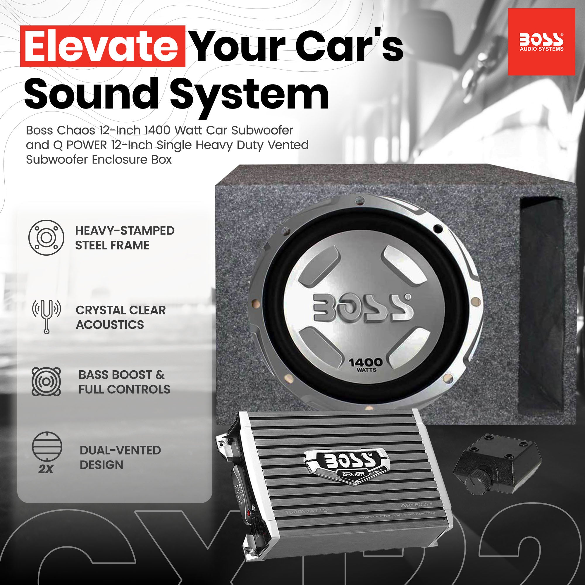 Boss Audio 12" 1400W Subwoofer, 1500W Amplifier w Amp Kit & QPower 12" Enclosure - VMInnovations
