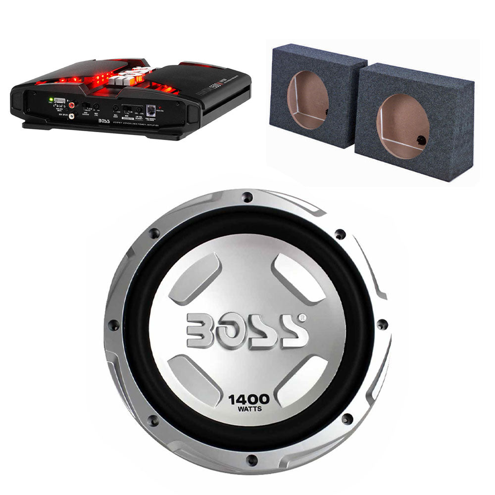 Boss Chaos 12" 1400W Subwoofer (2 Pack) + Amplifier + Sub Box Enclosures Pair