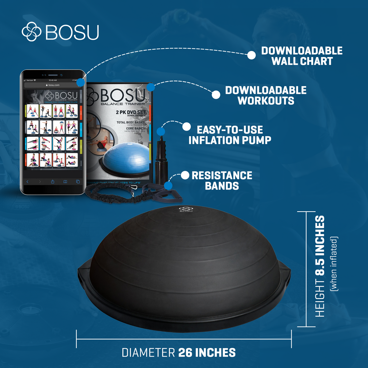 Bosu Home Balance Trainer for Strength, Flexibility, and Cardio Workouts, (Used)