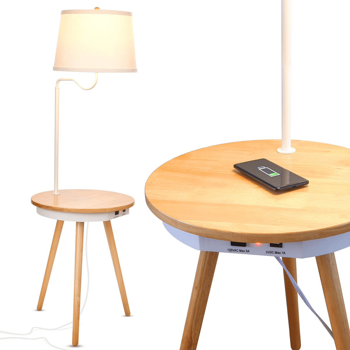 Brightech Owen Wireless Charging Station Table w/Built In Lamp, Wood (Open Box)