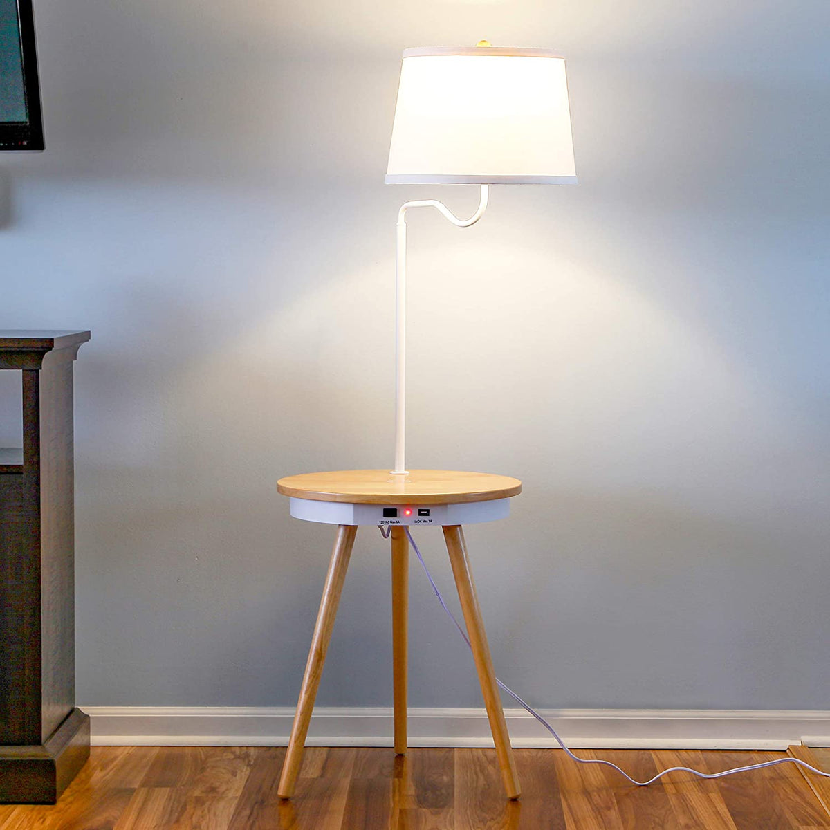 Brightech Owen Wireless Charging Station Table w/Built In Lamp, Wood (Open Box)