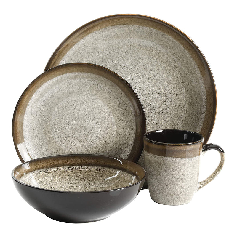 Gibson Elite Couture Bands 16 Piece Dinnerware Plates, Bowls, & Mugs Set, Brown