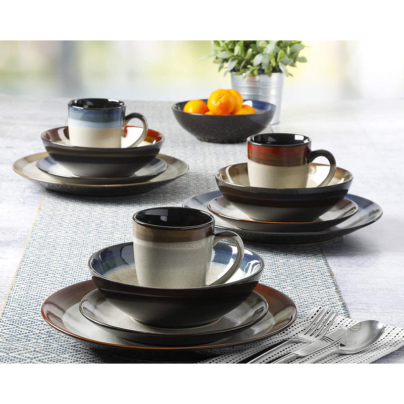 Gibson Elite Couture Bands 16 Piece Dinnerware Plates, Bowls, & Mugs Set, Brown