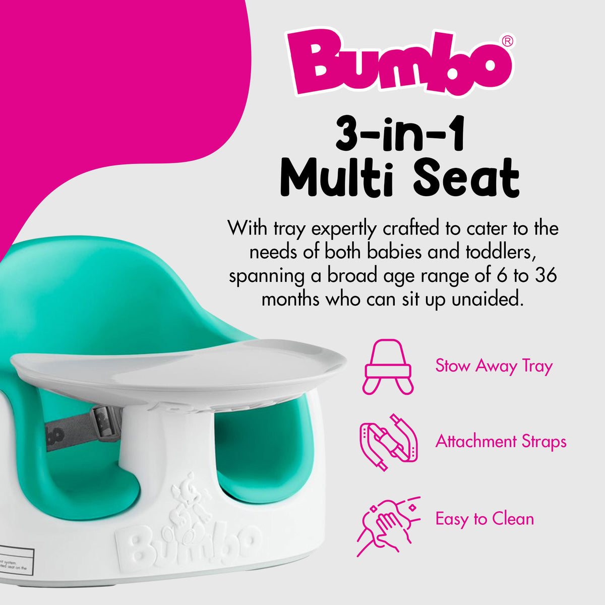 Bumbo Baby Toddler Adjustable 3-in-1 Booster Seat/High Chair and Tray, Aqua - VMInnovations