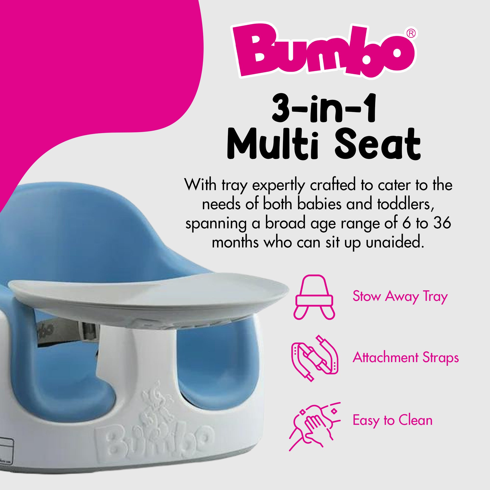 Bumbo Baby Toddler Adjustable 3-in-1 Booster Seat/High Chair & Tray, Powder Blue - VMInnovations