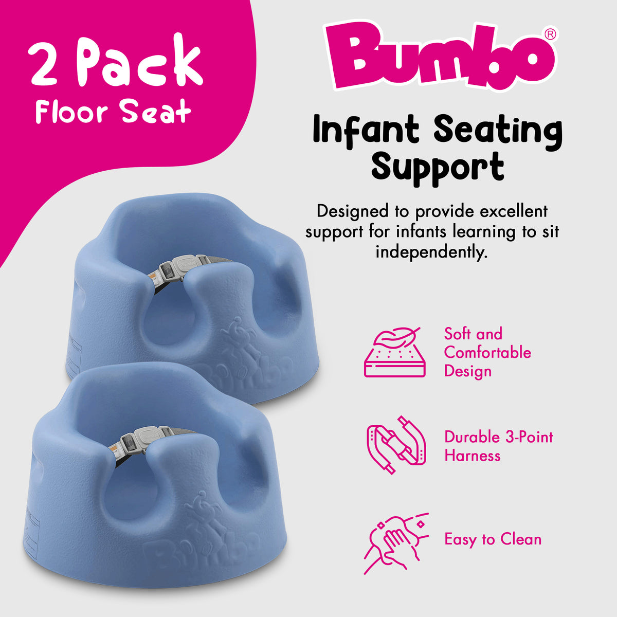 Bumbo Baby Soft Foam Wide Floor Seat w/3 Point Adjustable Harness, 2 Pack, Blue - VMInnovations