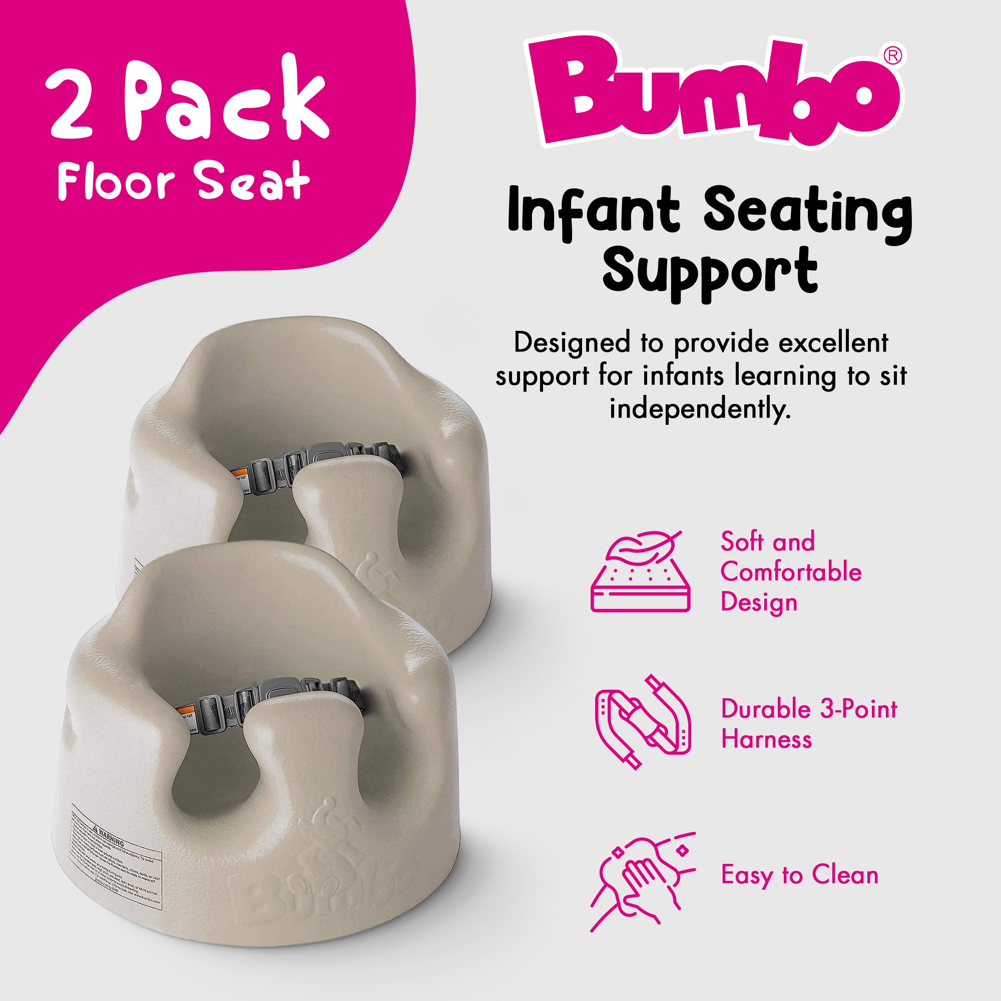 Bumbo Infant Floor Seat Sit Up Chair with Adjustable Harness, Taupe (2 Pack)