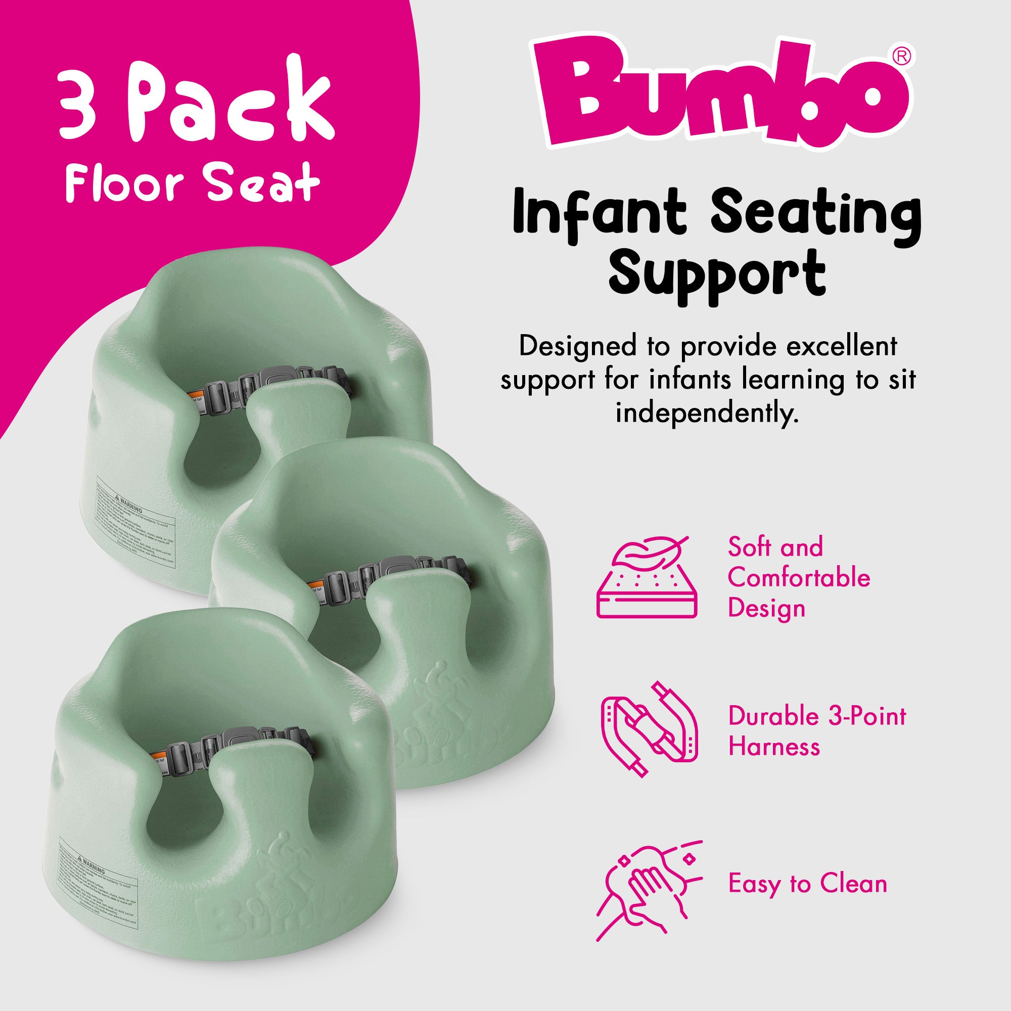 Bumbo Baby Soft Foam Wide Floor Seat with Adjustable Harness, 3 Pack, Hemlock - VMInnovations