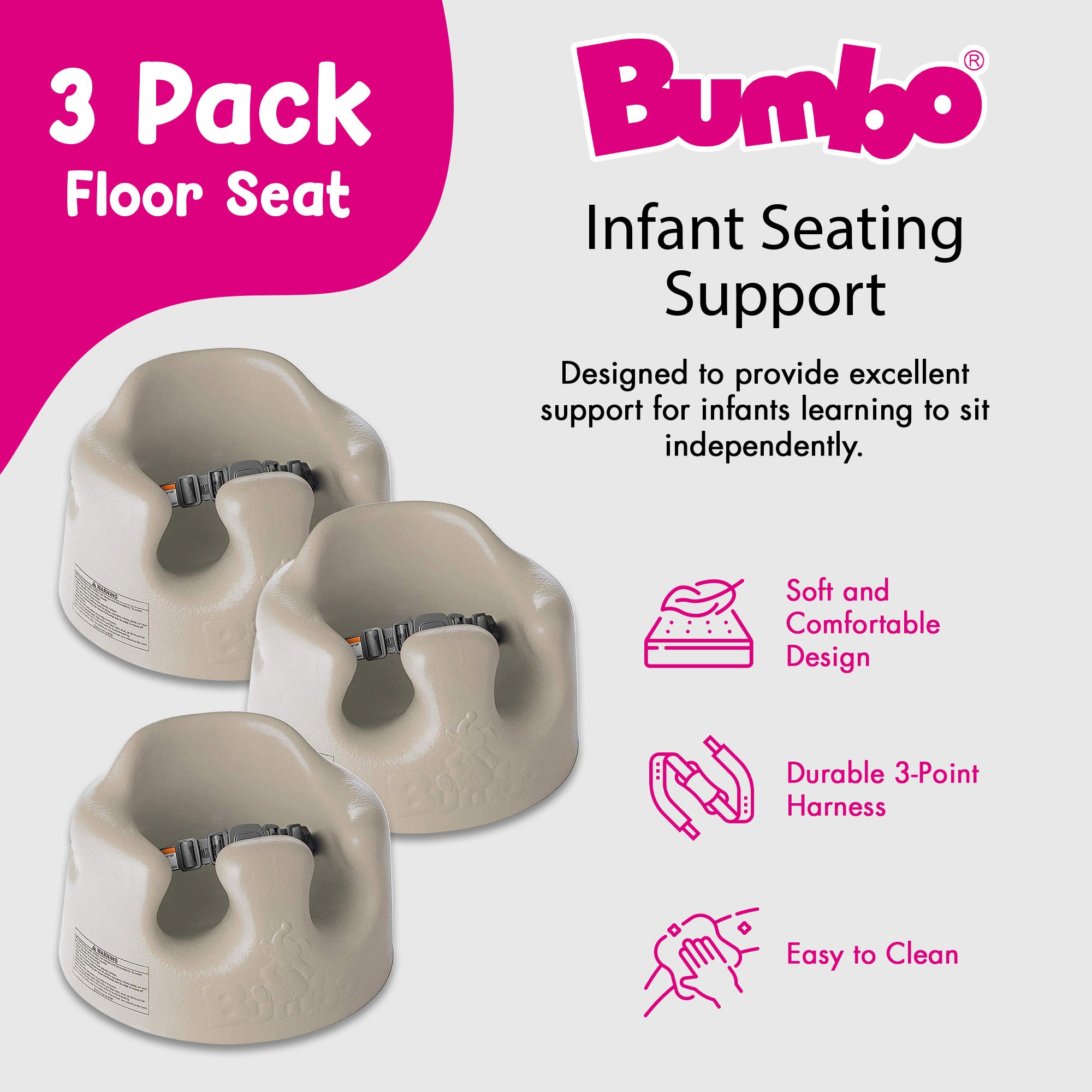 Bumbo Baby Soft Foam Wide Floor Seat w/3 Point Adjustable Harness, 3 Pack, Taupe - VMInnovations