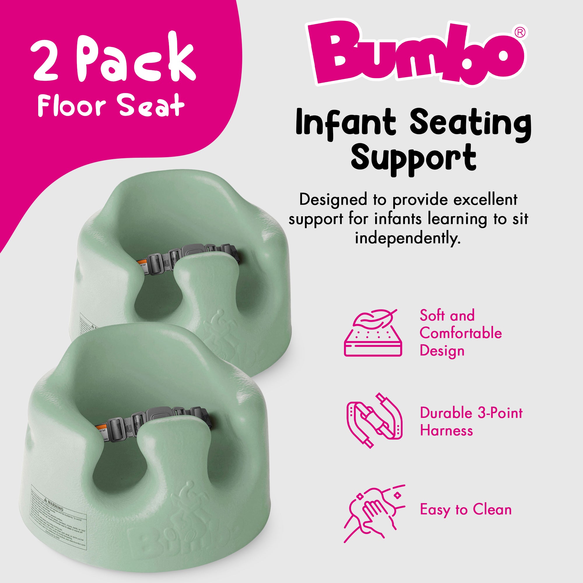 Bumbo Baby Soft Foam Wide Floor Seat w/ Adjustable Harness, 2 Pack, Hemlock - VMInnovations