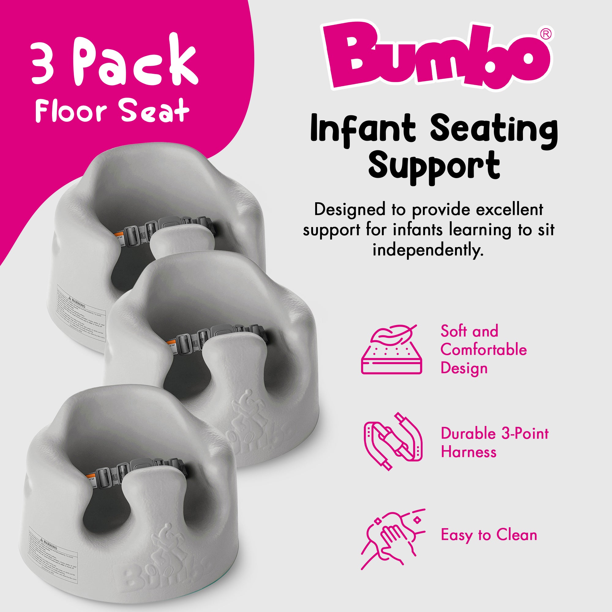 Bumbo Baby Soft Foam Wide Floor Seat w/ Adjustable Harness, 3 Pack, Monsoon