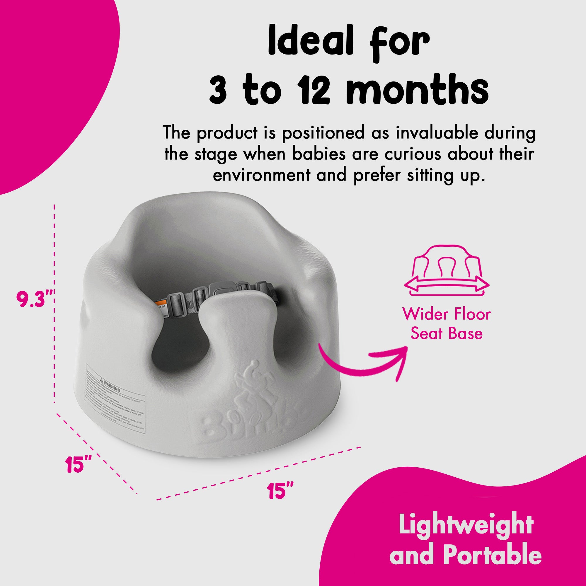 Bumbo Baby Soft Foam Wide Floor Seat w/ Adjustable Harness, 3 Pack, Monsoon