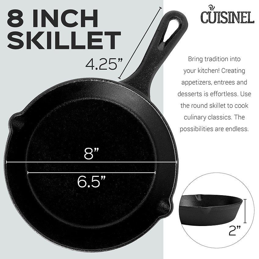 Cuisinel 8" Pre Seasoned Round Cast Iron Skillet Pan w/ Silicon Grip (Open Box)